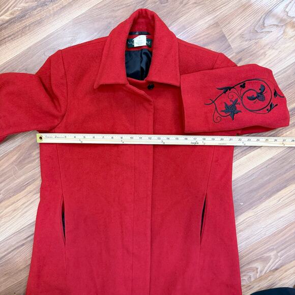 Vintage Harvé Benard Red Wool Trench Coat Embroidered Heritage Old Money Large - Picture 11 of 13